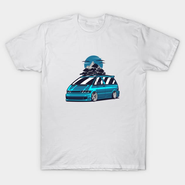 Blue Estima Previa Classic JDM Van Mountains T-Shirt by KaroCars